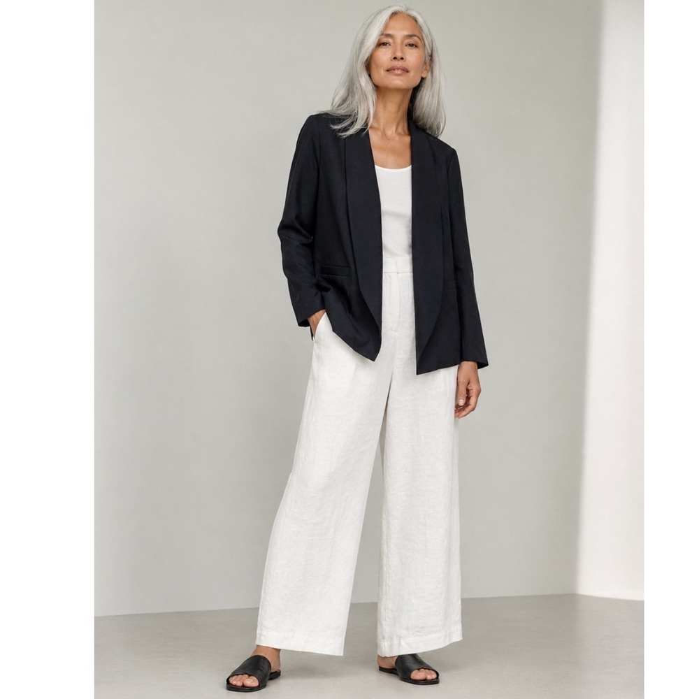 Eileen Fisher‎ Women LARGE Black Tencel STRETCH Open Front Shawl Collar Blazer